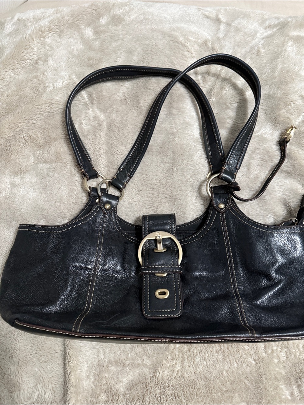 Etienne Aigner Black Leather Double-Handle Shoulder Bag with Gold Buckle